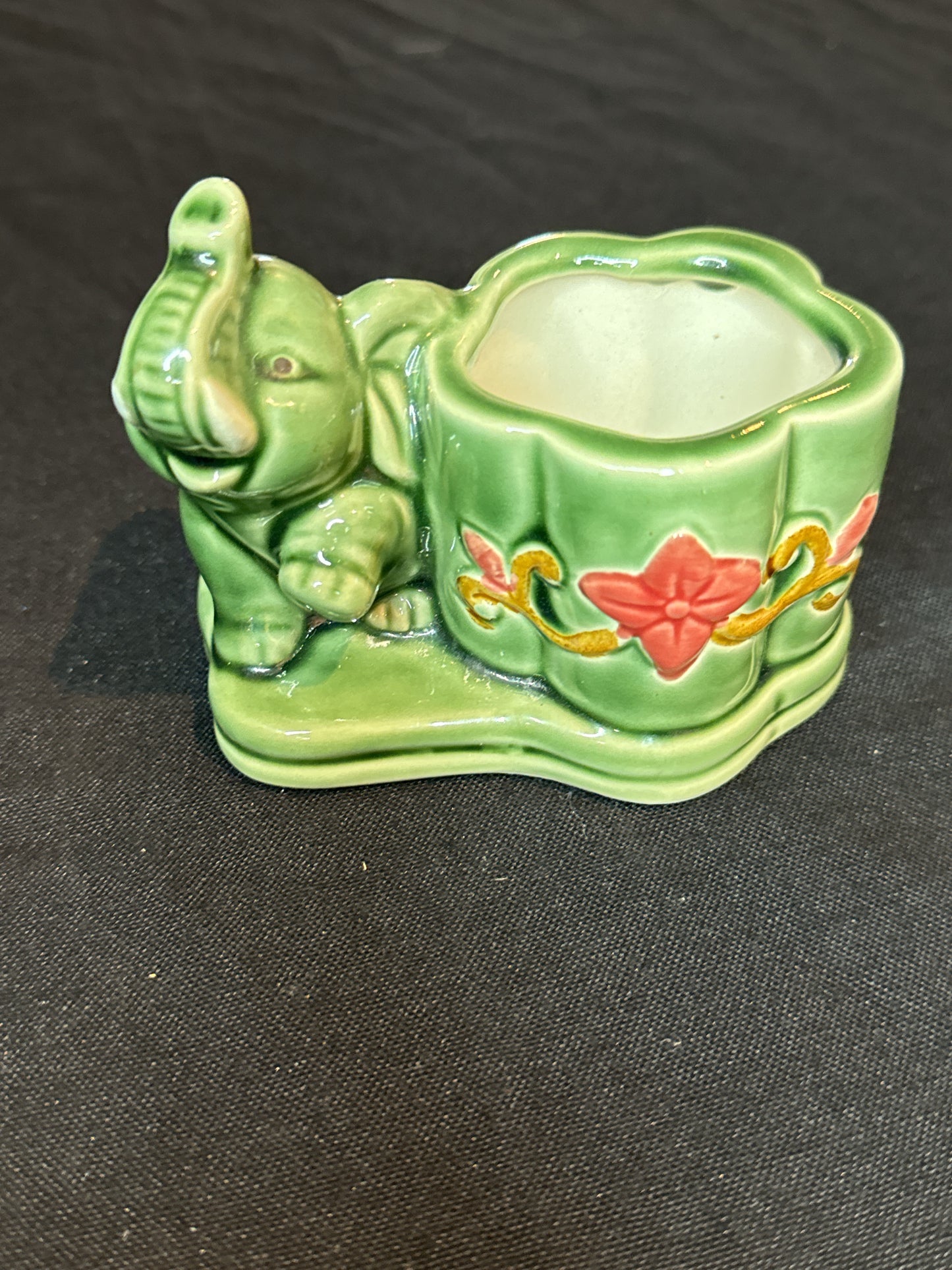 Vintage Glazed Majolica Elephant Planter Holder Green 3.5" Tall at Trunk