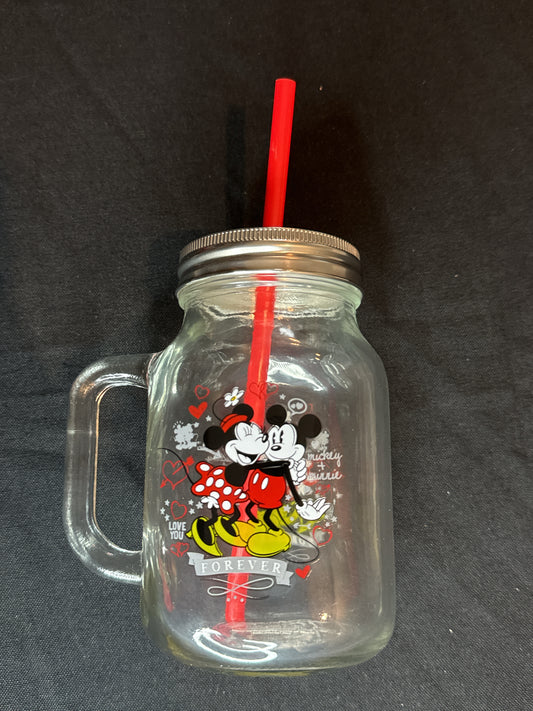 Disney Collectible Glass Mason Jar Minnie Mickey Forever 21oz Straw Lid New Inventory