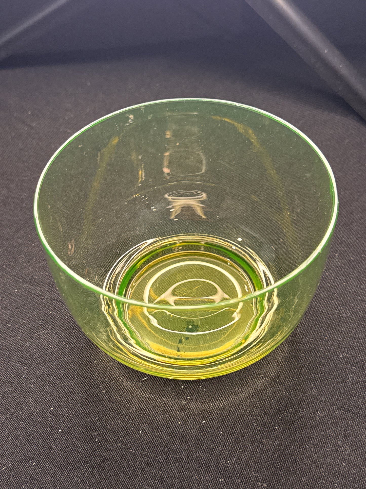 Vintage Green Vaseline Glass Footed Bowl 3" x 4.5" Excellent Condition Glows