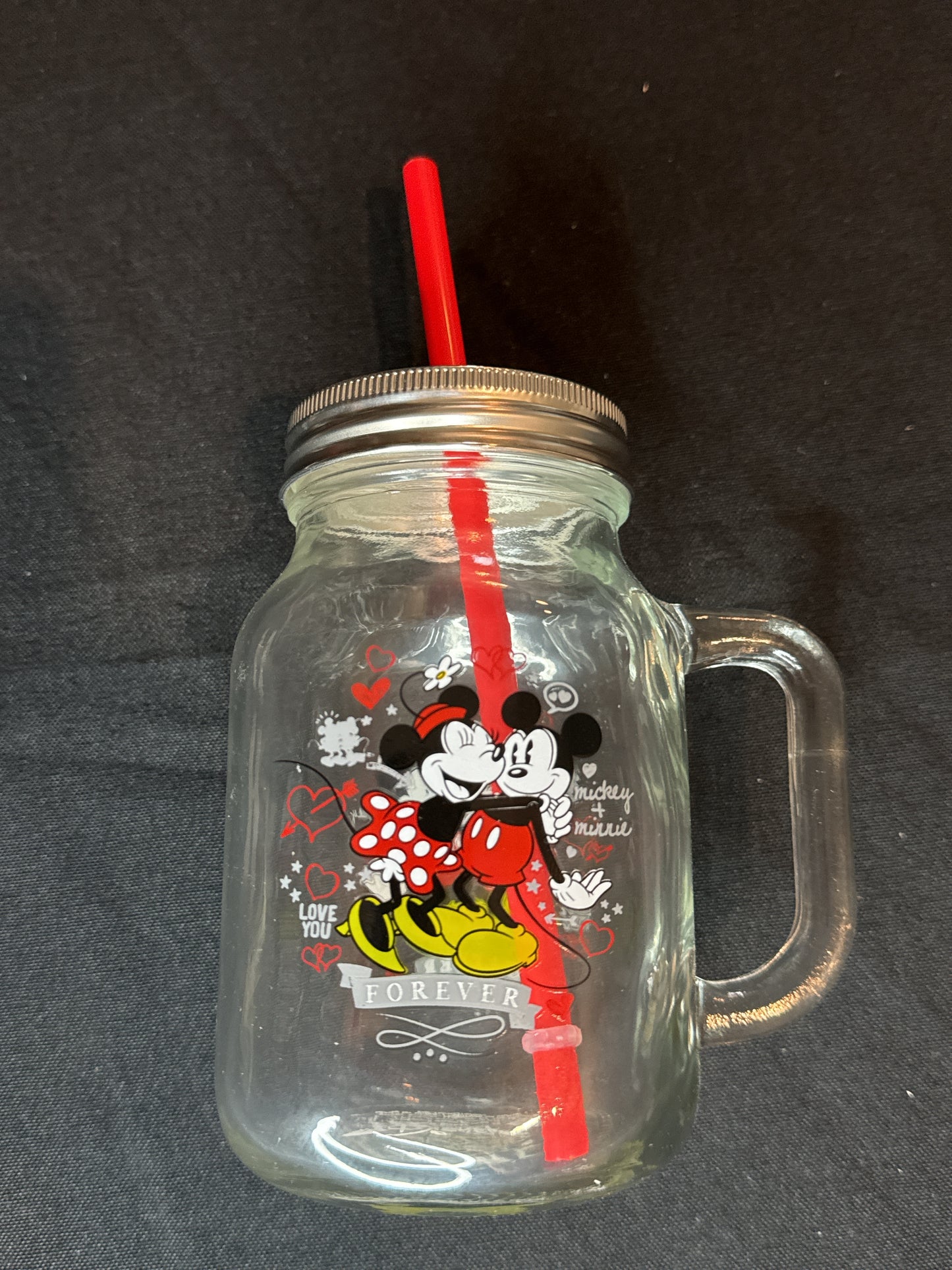 Disney Collectible Glass Mason Jar Minnie Mickey Forever 21oz Straw Lid New Inventory