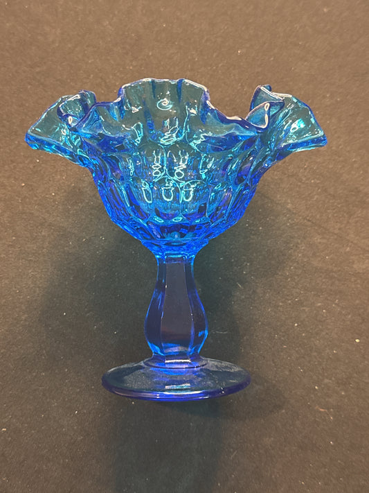 Fenton 6" Colonial Blue Glass Thumbprint Ruffled Compote Footed Candy Dish