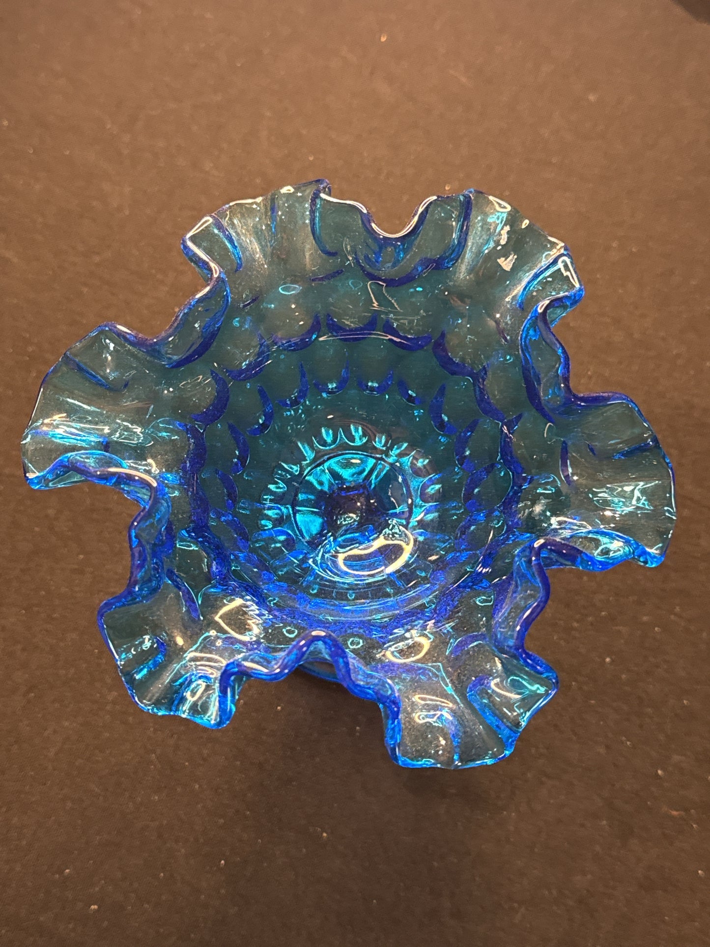 Fenton 6" Colonial Blue Glass Thumbprint Ruffled Compote Footed Candy Dish