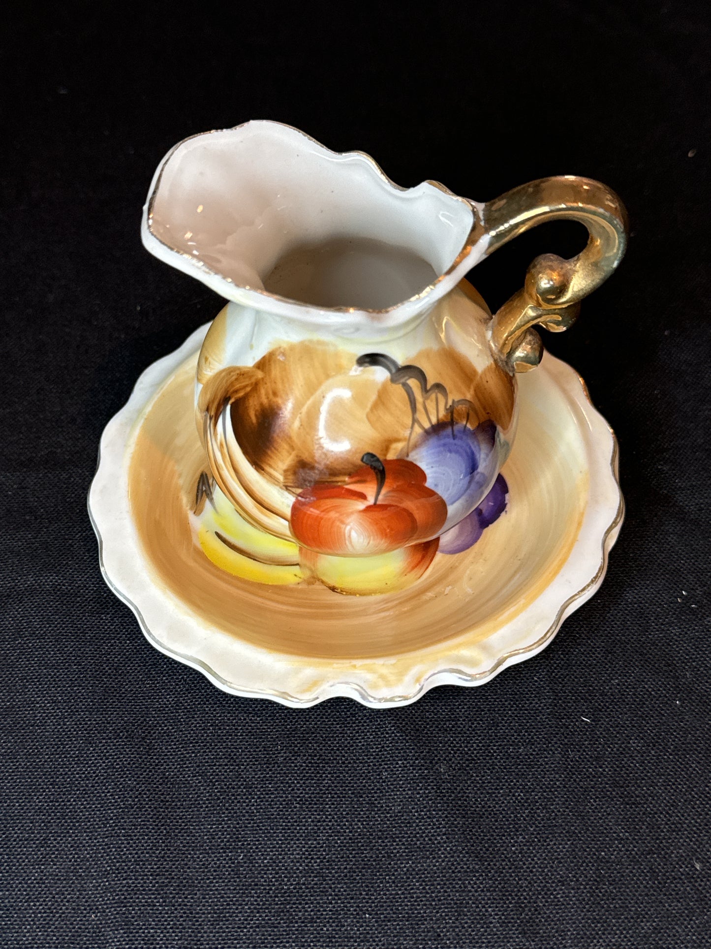 Vintage 1950s Artwork Hand Painted Porcelain Fruit Pitcher/Creamer with Saucer Gold Trim