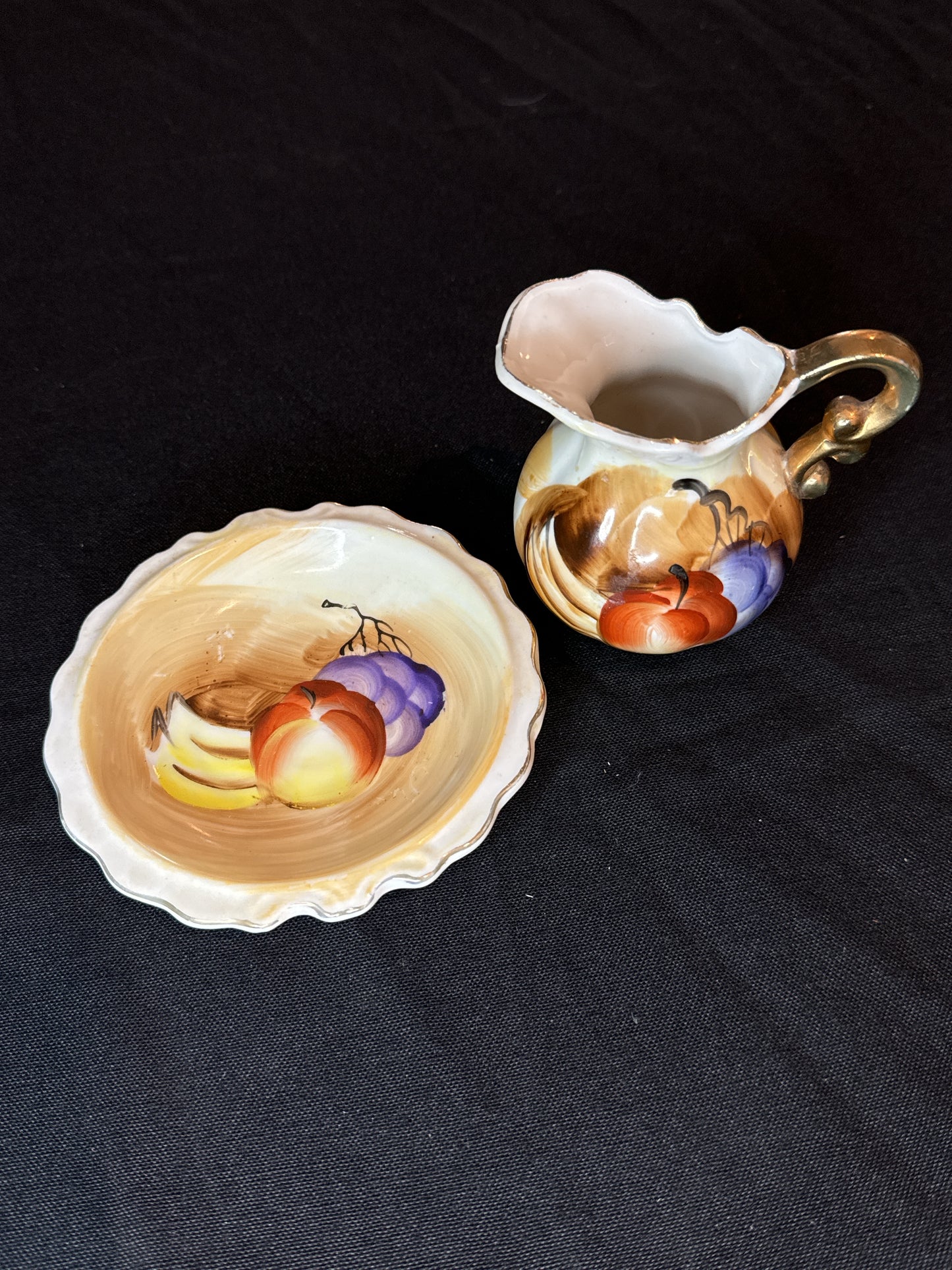 Vintage 1950s Artwork Hand Painted Porcelain Fruit Pitcher/Creamer with Saucer Gold Trim