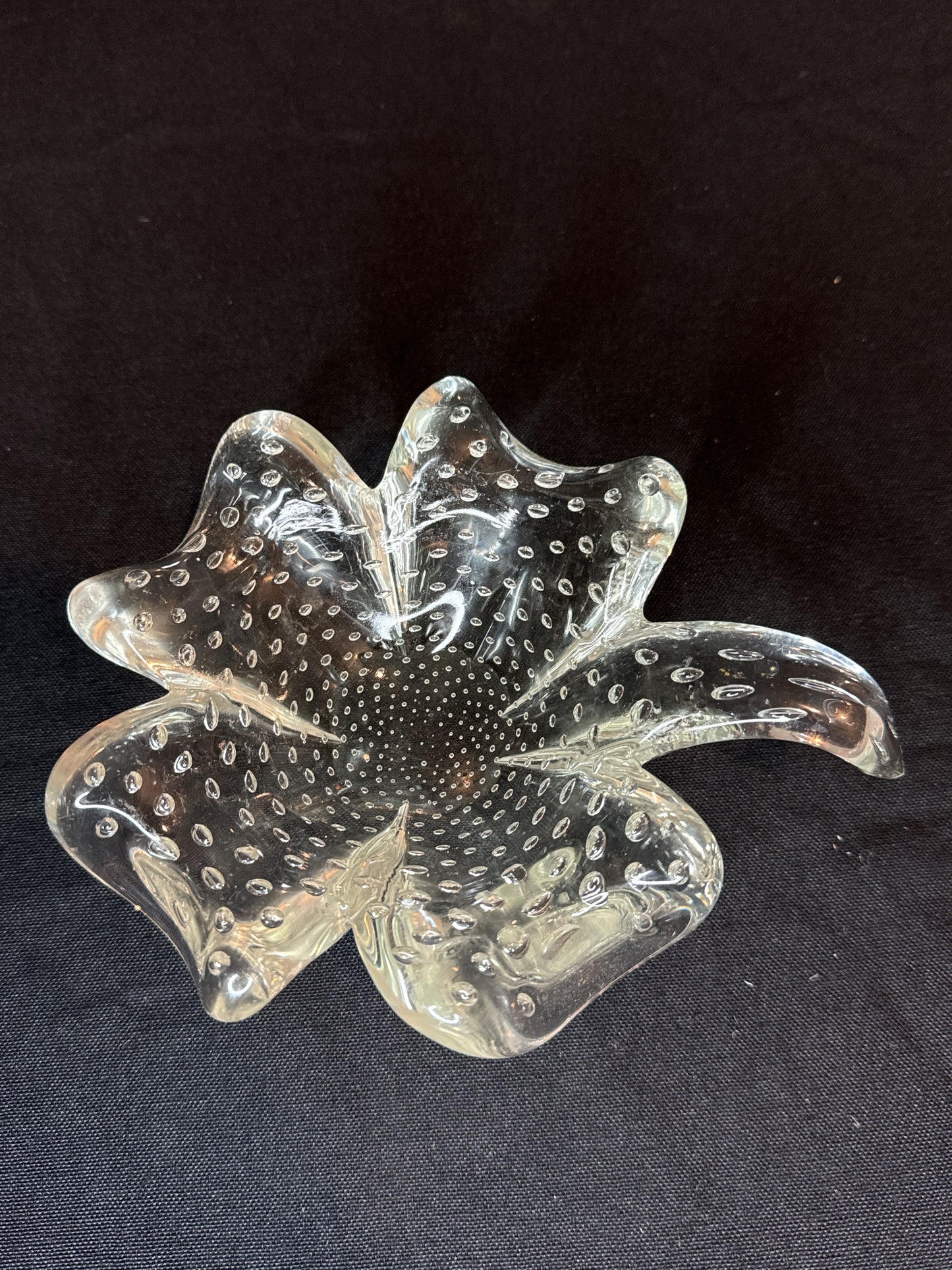 Art Glass Trinket Dish Ashtray Blown Glass Clover Leaf Controlled Bubbles 7"