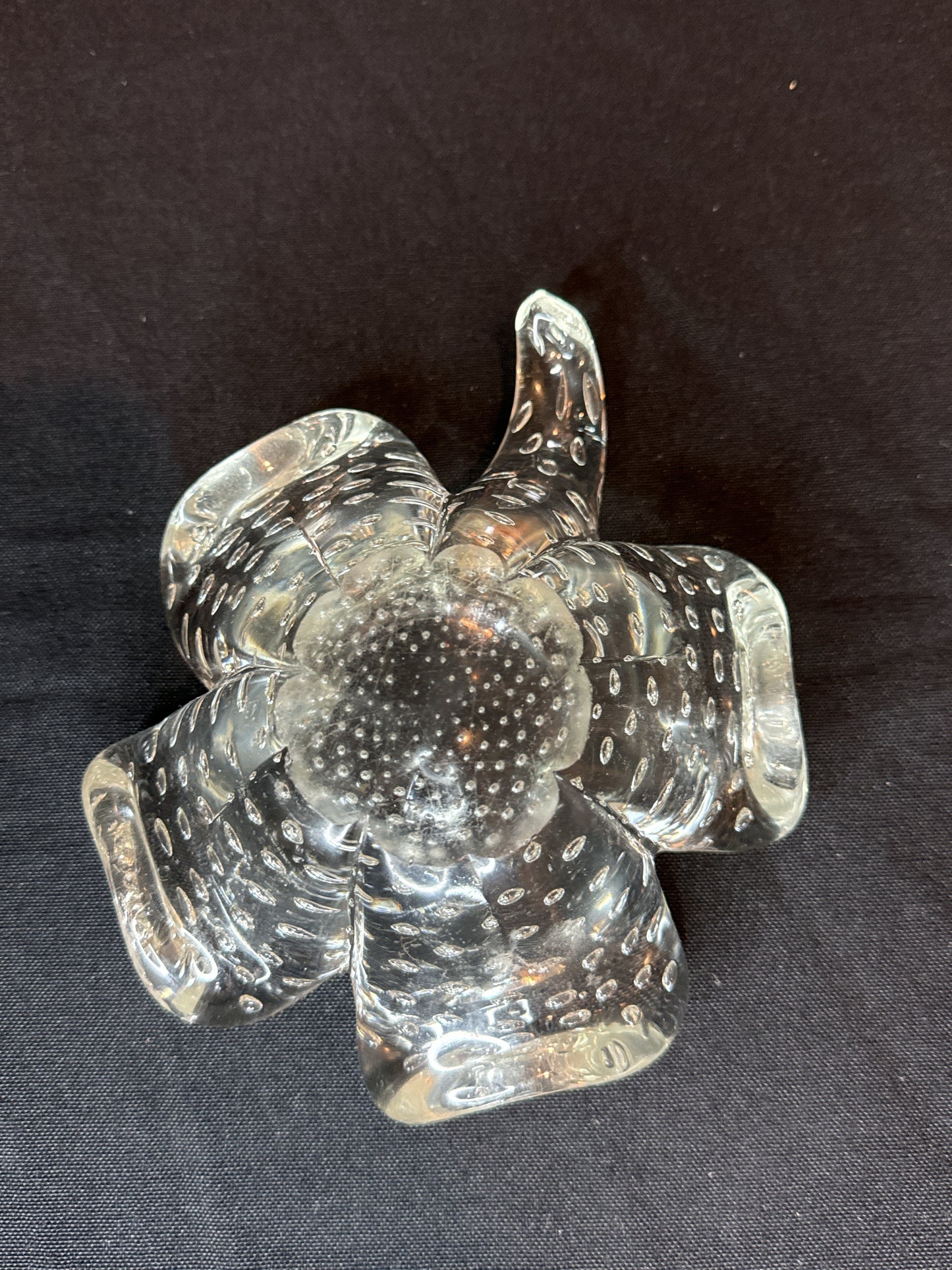 Art Glass Trinket Dish Ashtray Blown Glass Clover Leaf Controlled Bubbles 7"