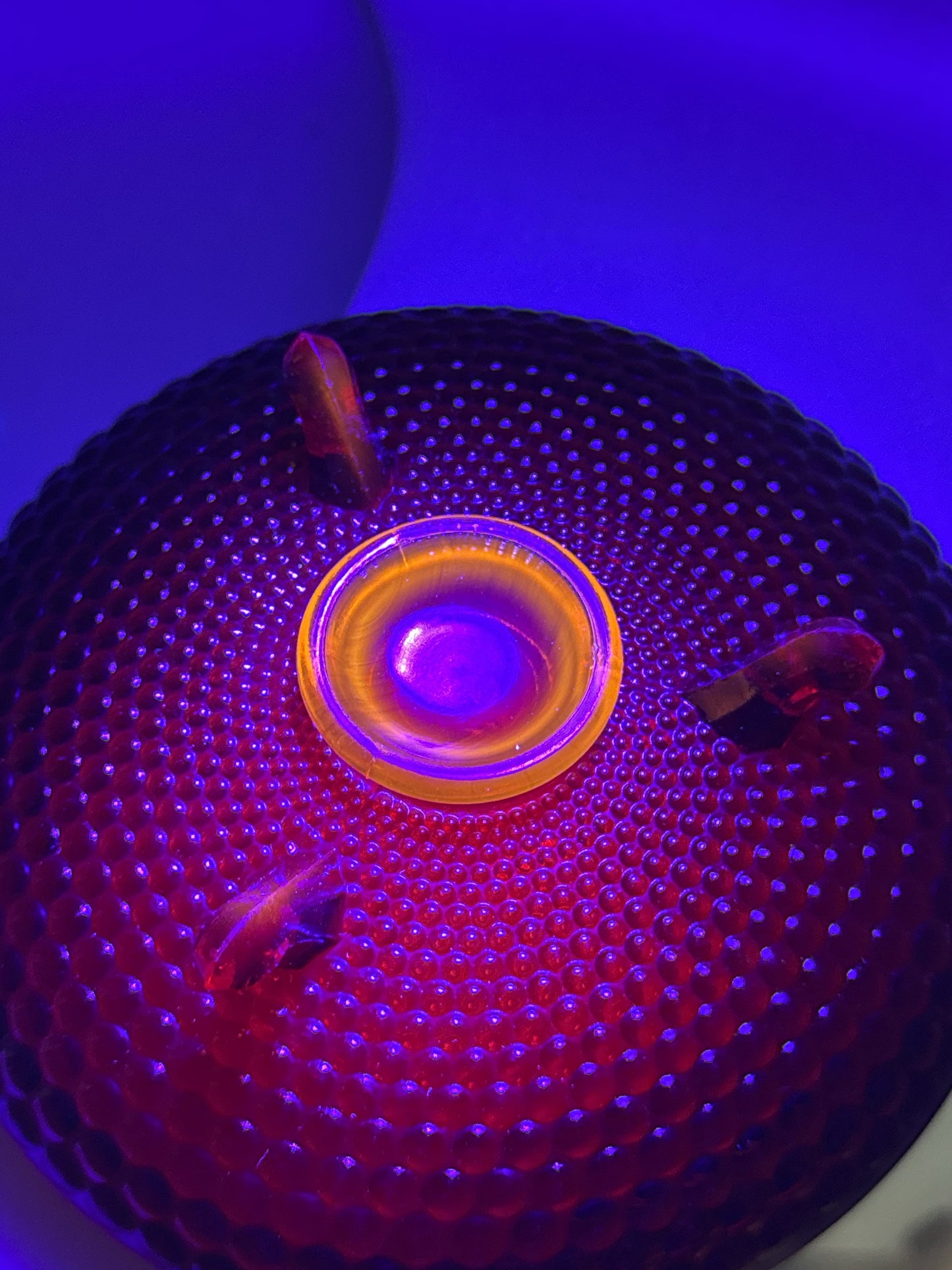 Vintage Amberina Hobnail Glass Two Tone Red Orange 3 Toe Footed Bowl 6.25" Wide Glows