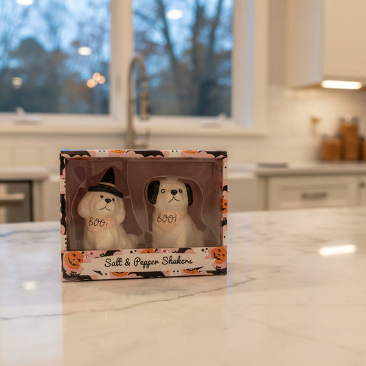 Little Village by Transpac Brands Dogs w/ Boo Halloween Salt & Pepper Shakers New in Box