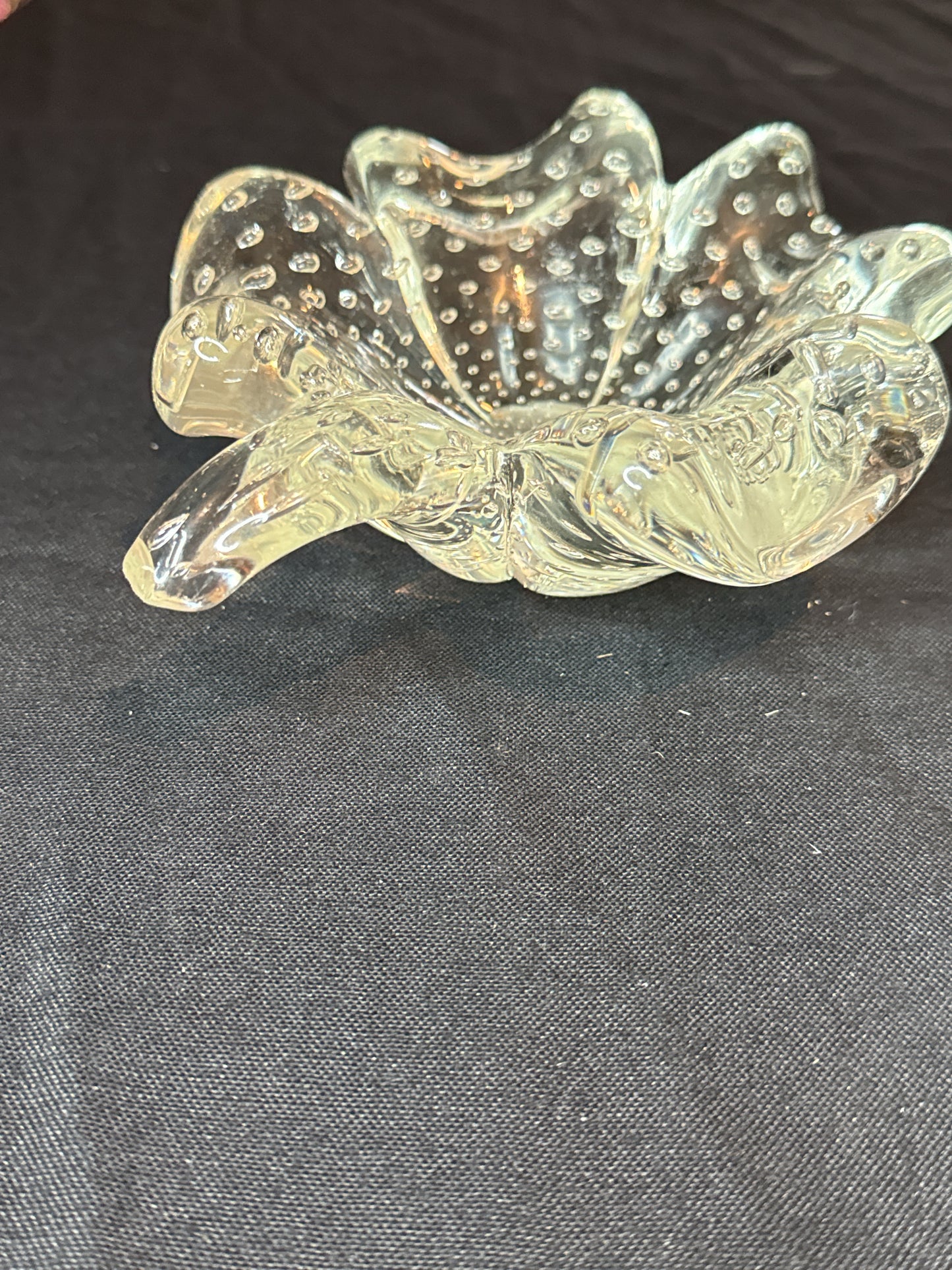 Art Glass Trinket Dish Ashtray Blown Glass Clover Leaf Controlled Bubbles 7"