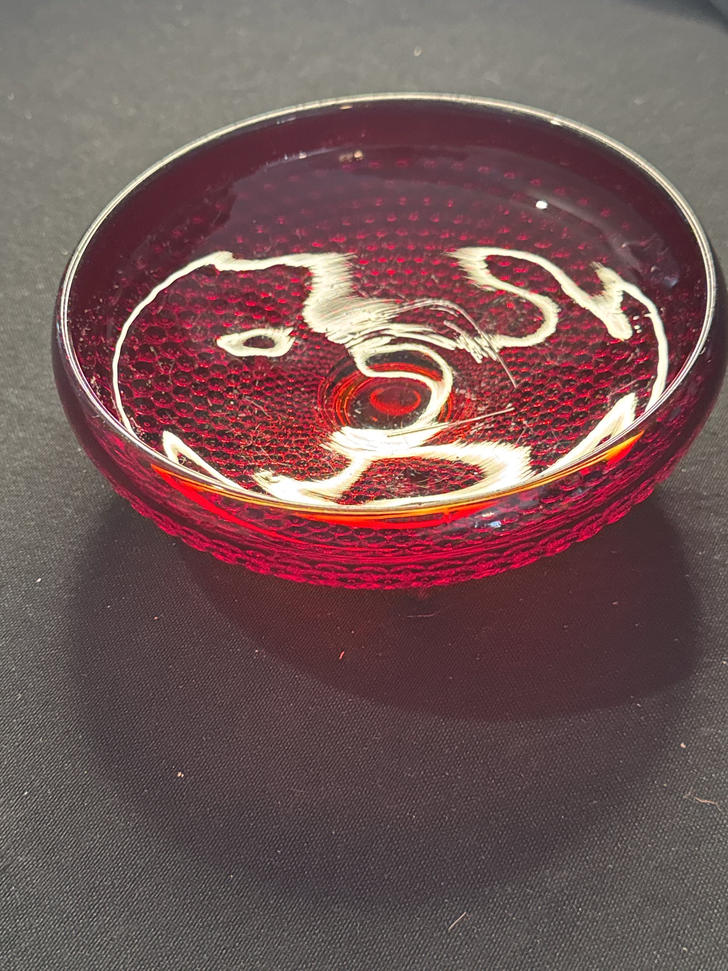 Vintage Amberina Hobnail Glass Two Tone Red Orange 3 Toe Footed Bowl 6.25" Wide Glows