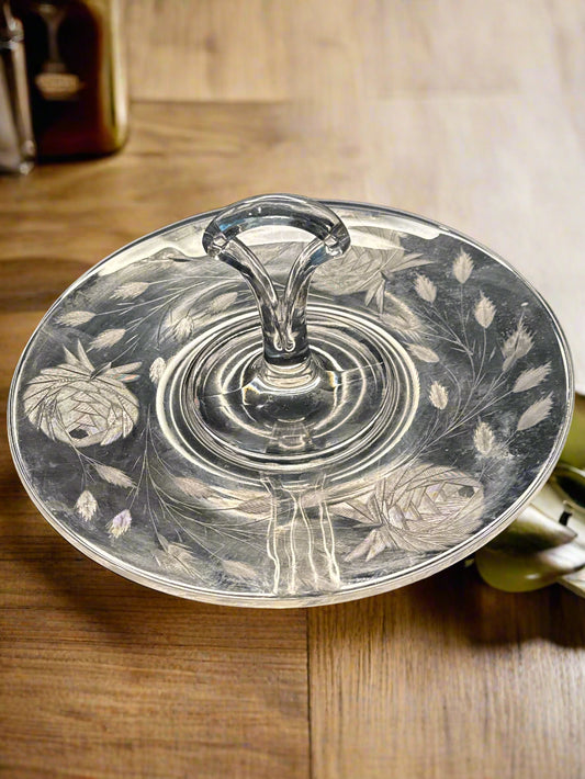 Rose Etched Center Handle Glass Platter 10.25" Wide