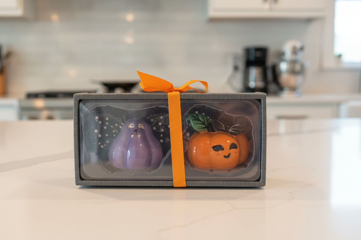 Blue Sky Pumpkin & Bat Halloween Ceramic Salt & Pepper Set New in Box
