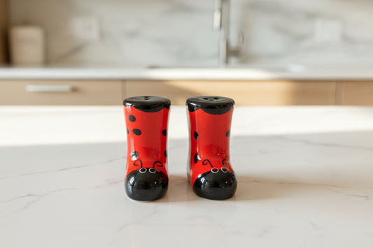 Red & Black Ladybug Themed Boots Salt & Pepper Shakers New