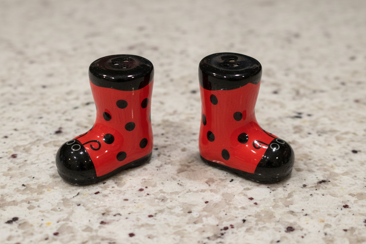 Red & Black Ladybug Themed Boots Salt & Pepper Shakers New