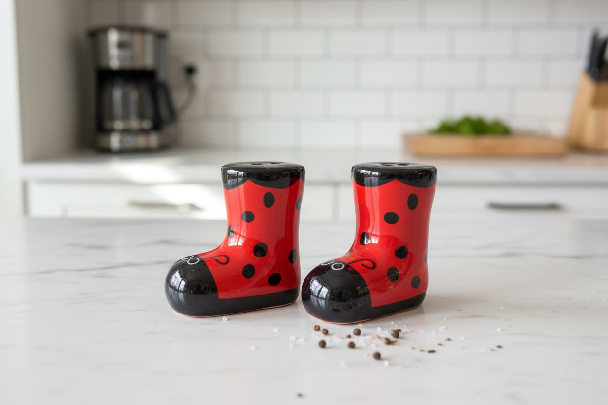 Red & Black Ladybug Themed Boots Salt & Pepper Shakers New