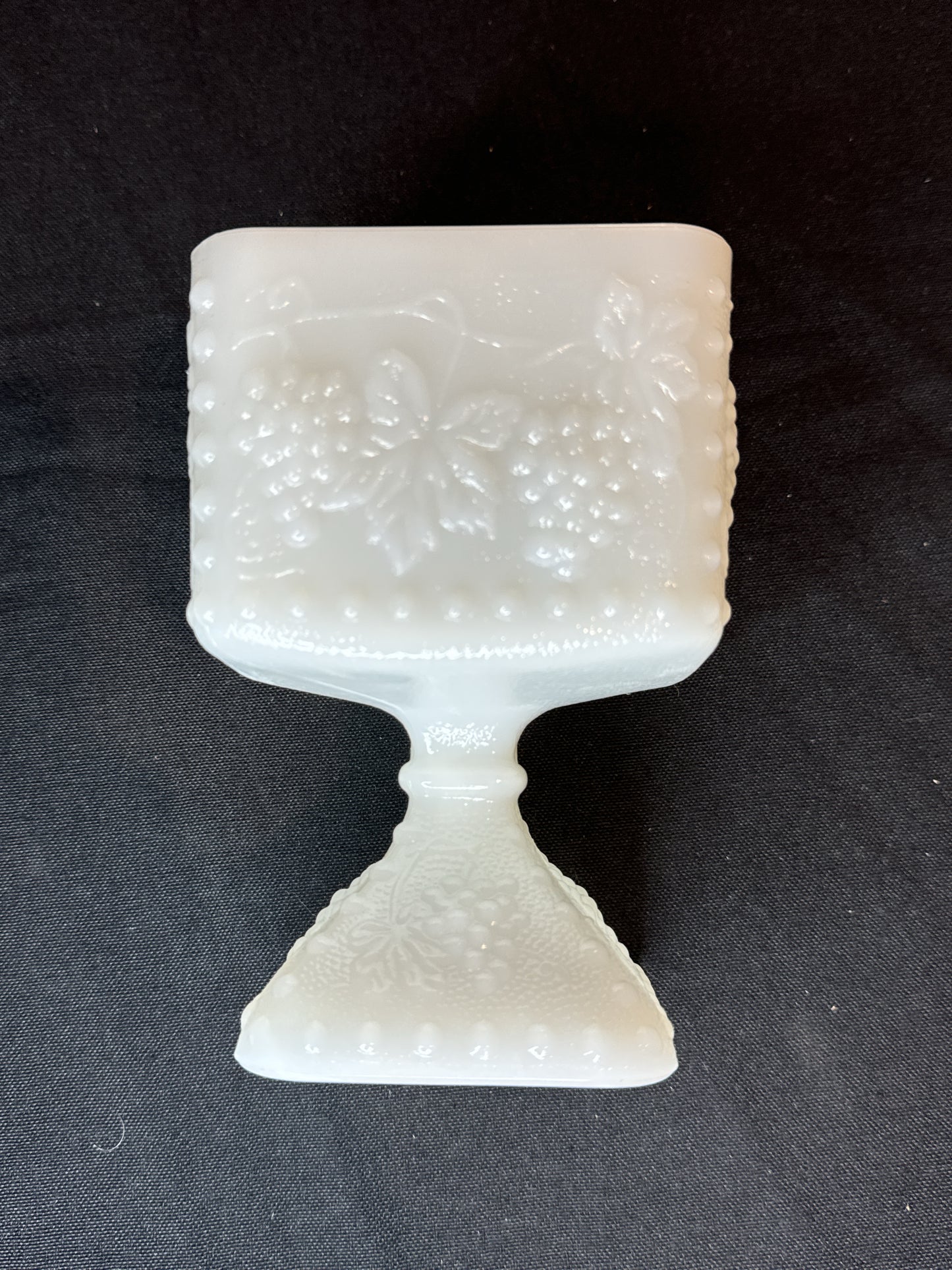 Milk Glass Candy Dish Pedestal Grapes & Leaves Vintage Square Harvest Hobnail