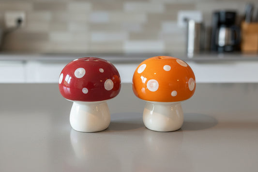 Orange & Brown Mushrooms Salt & Pepper Shakers New 3.25" Tall Excellent Condition
