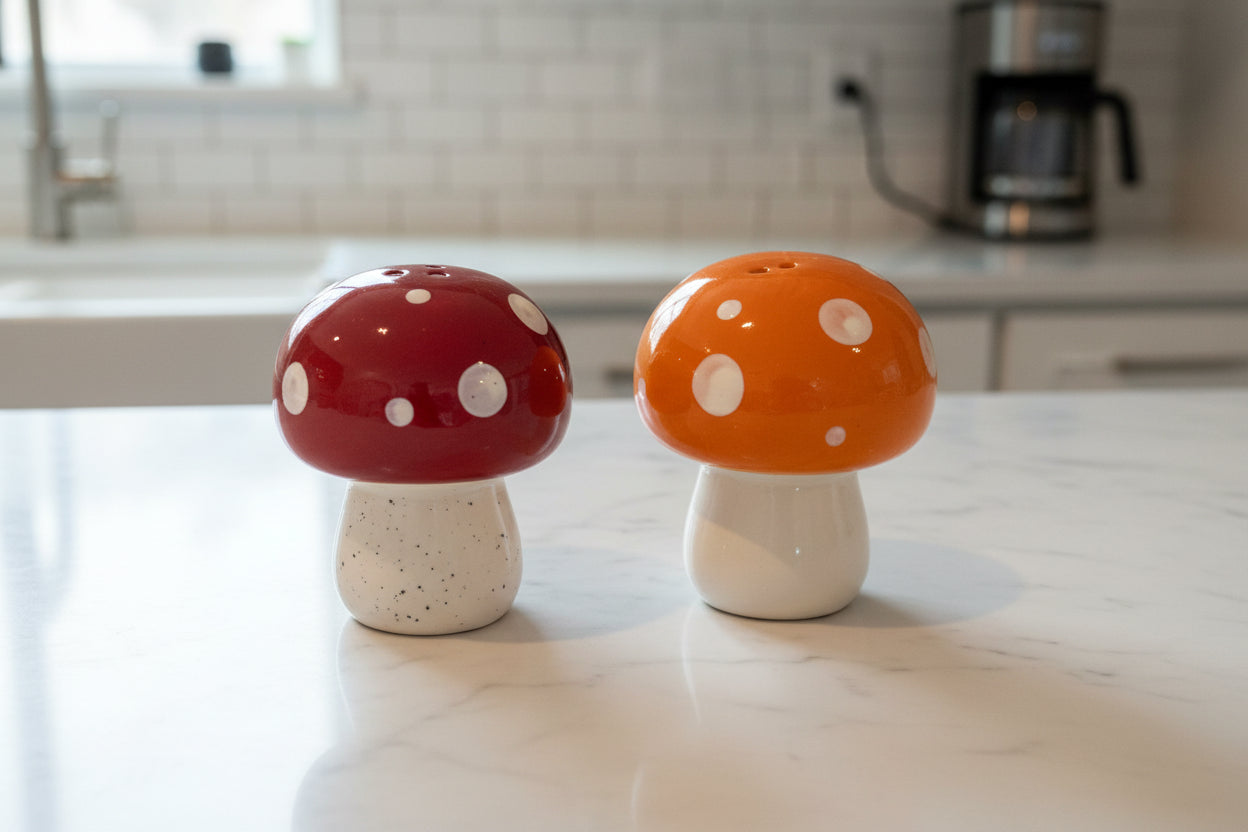 Orange & Brown Mushrooms Salt & Pepper Shakers New 3.25" Tall Excellent Condition