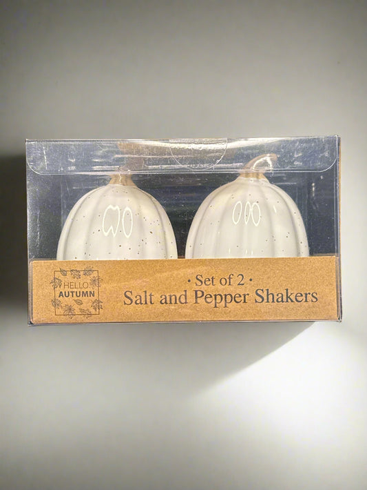Hello Autumn White Pumpkin Fall Harvest Salt & Pepper Shakers Ceramic New in Box