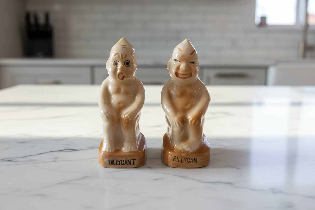 Antique BillyCan & BillyCan't Salt & Pepper Shakers Japan Red Letters Toilet Humor