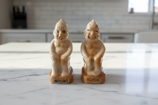 Antique BillyCan & BillyCan't Salt & Pepper Shakers Japan Red Letters Toilet Humor