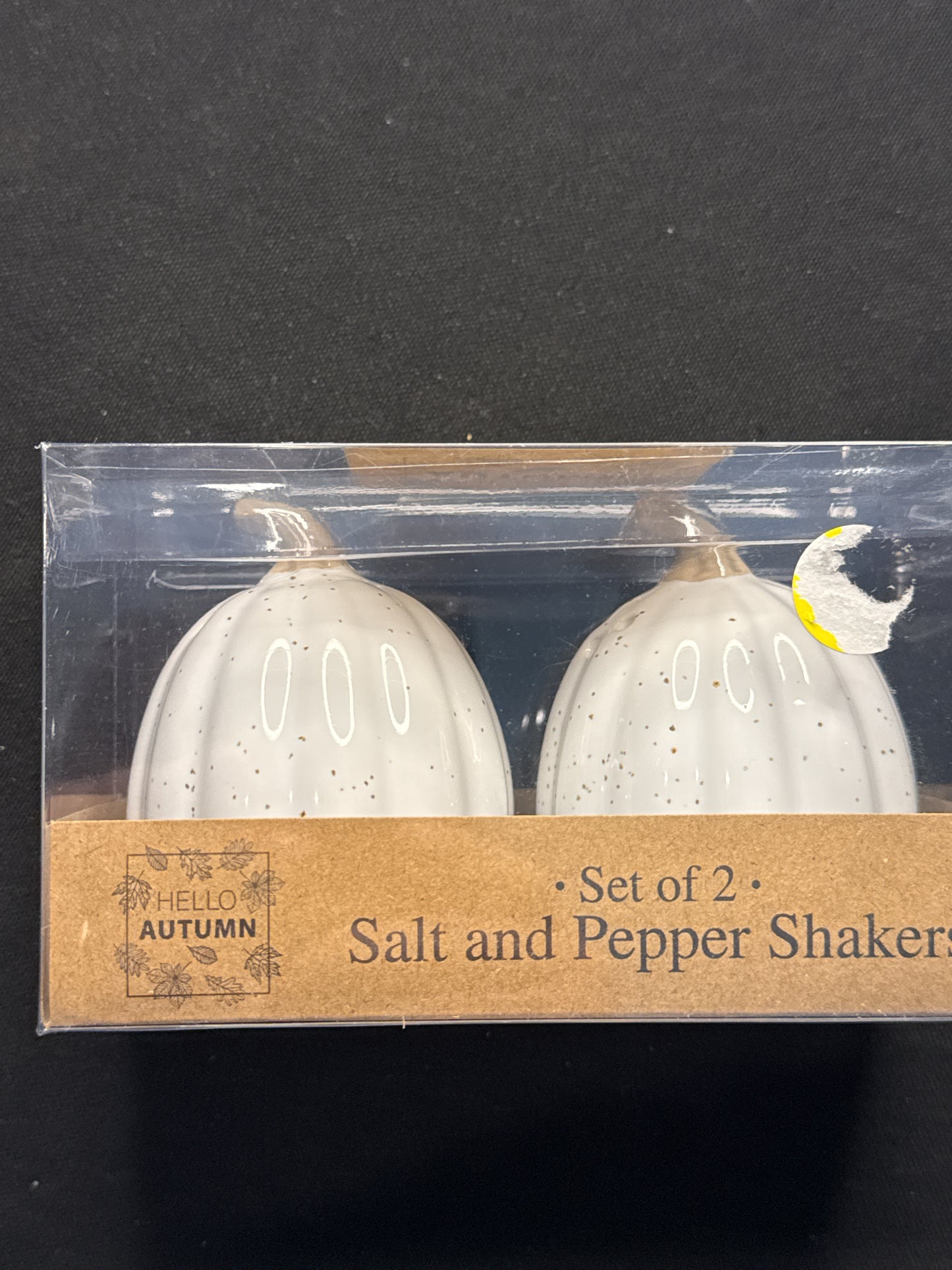 Hello Autumn White Pumpkin Fall Harvest Salt & Pepper Shakers Ceramic New in Box