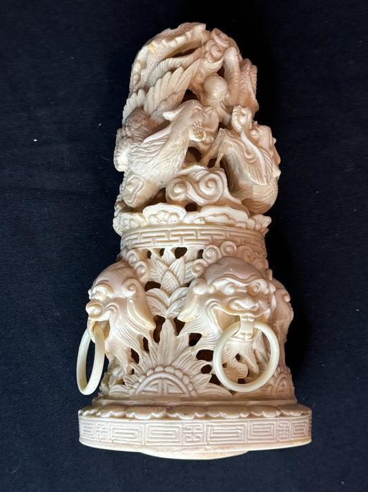 Vintage Chinese Art Playing Dragon Incense Burner Ivory Style Paste Resin