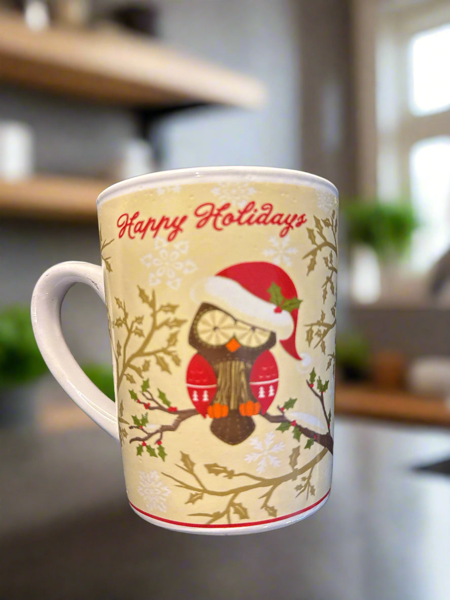 Happy Holidays Hoot Owl in Santa Hat and Holly Branch Christmas Coffee Mug Cup 14oz