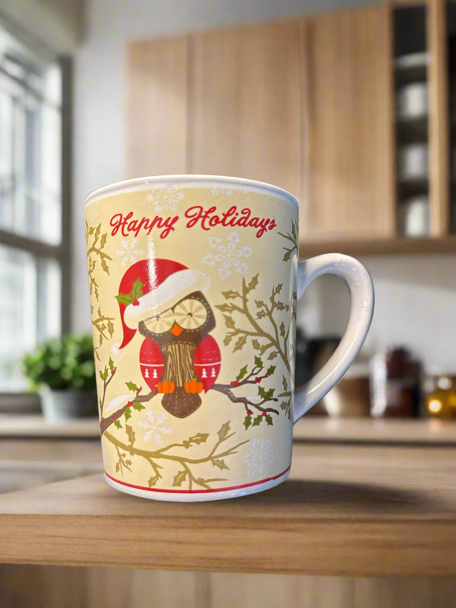 Happy Holidays Hoot Owl in Santa Hat and Holly Branch Christmas Coffee Mug Cup 14oz