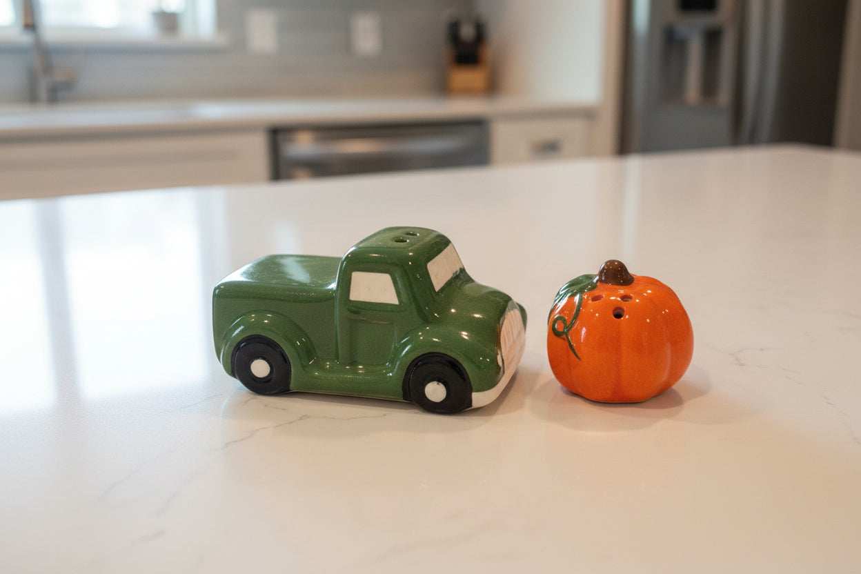 Green Truck & Pumpkin Salt & Pepper Shakers New. Excellent Condition. 2.5" Tall Stacked