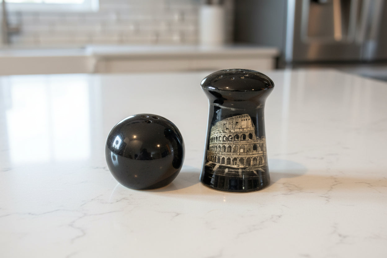 Black Salt & Pepper Shakers Colosseum Ceramic 2.75" Tall Excellent Condition.