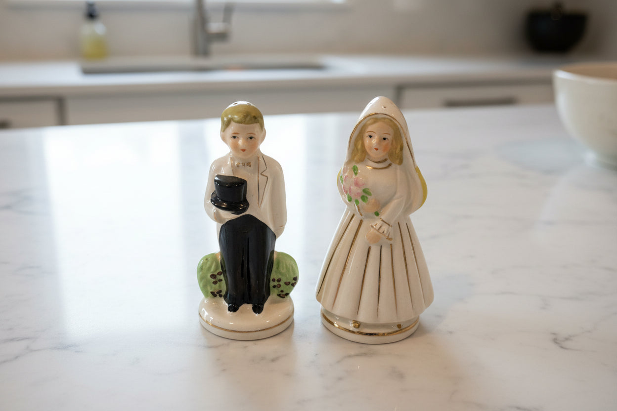 Before & After Bride & Groom Then Old Man & Woman Salt & Pepper Shakers Excellent Condition
