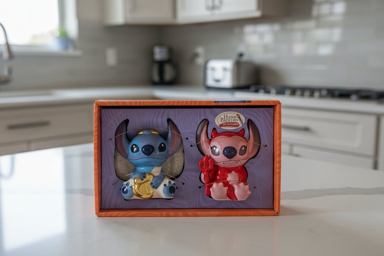 Disney Stitch & Angel Halloween Salt & Pepper Shakers 4.5" Tall Excellent Condition New in Box