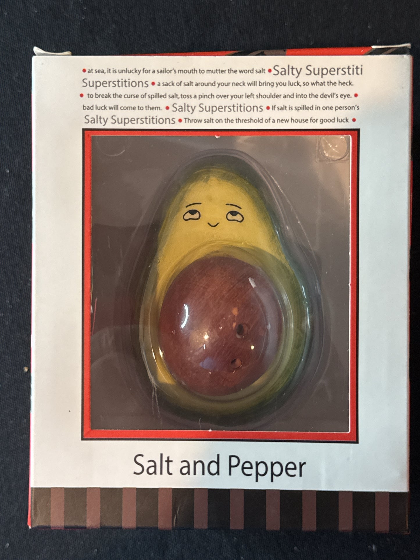 Avocado & Pit Salt & Pepper Shakers New in Box Excellent condition 3.5" Tall