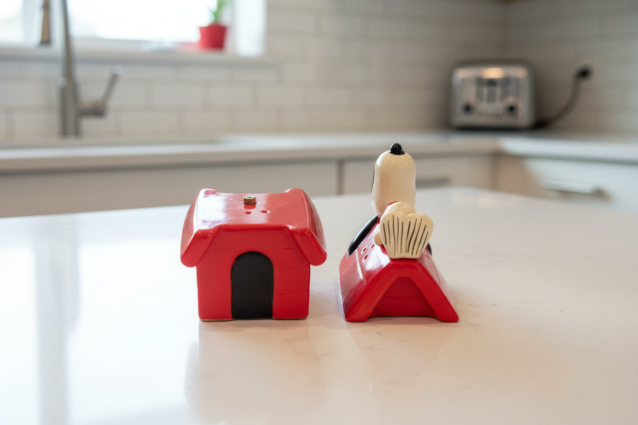 Snoopy Sleeping On Doghouse Salt & Pepper Shakers New Excellent Condition 4.5" Tall