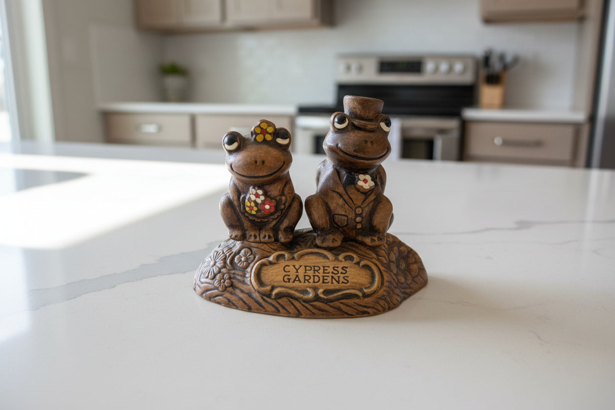 Vintage Anthropomorphic Frogs Treasure Craft Salt & Pepper Shakers Busch Gardens Nicked