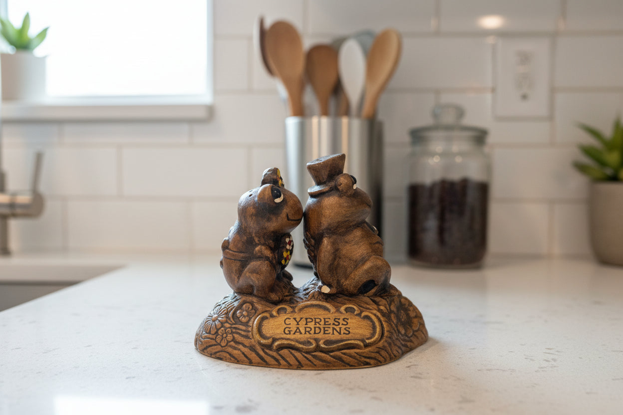 Vintage Anthropomorphic Frogs Treasure Craft Salt & Pepper Shakers Busch Gardens Nicked
