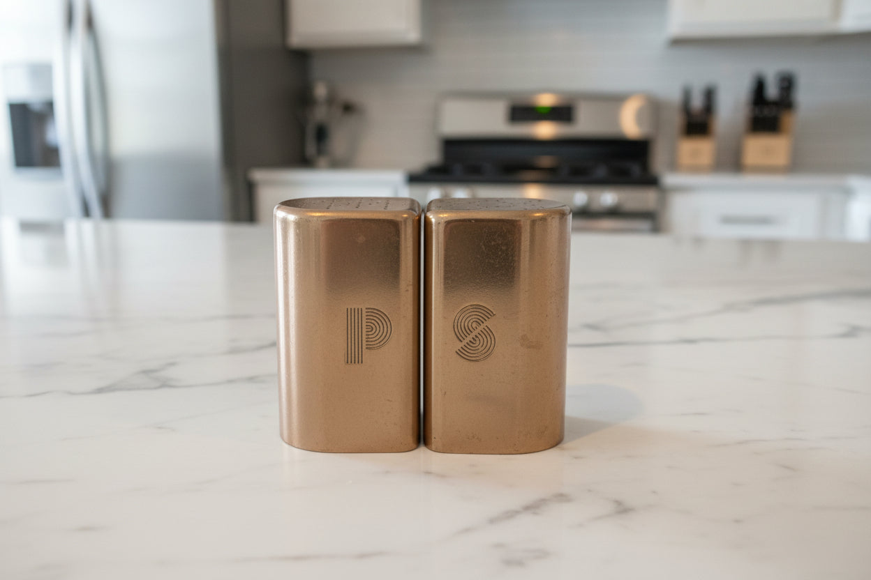 Vintage 1950s MCM Atomic Coppertone Aluminum Salt & Pepper Shakers 3.25" Tall