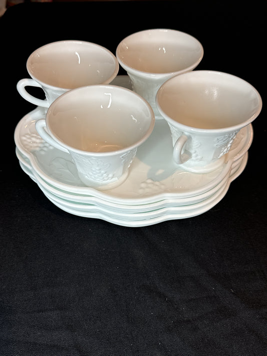 Vintage Indiana Milk Glass Colony Harvest Grape Snack Trays & Cups Service for 4