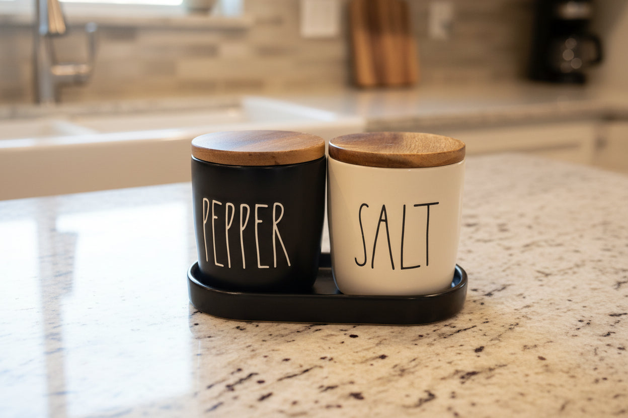 Rae Dunn Salt & Pepper Ceramic Black & White Set w/ Wood Lids and Ceramic Tray 4" Tall
