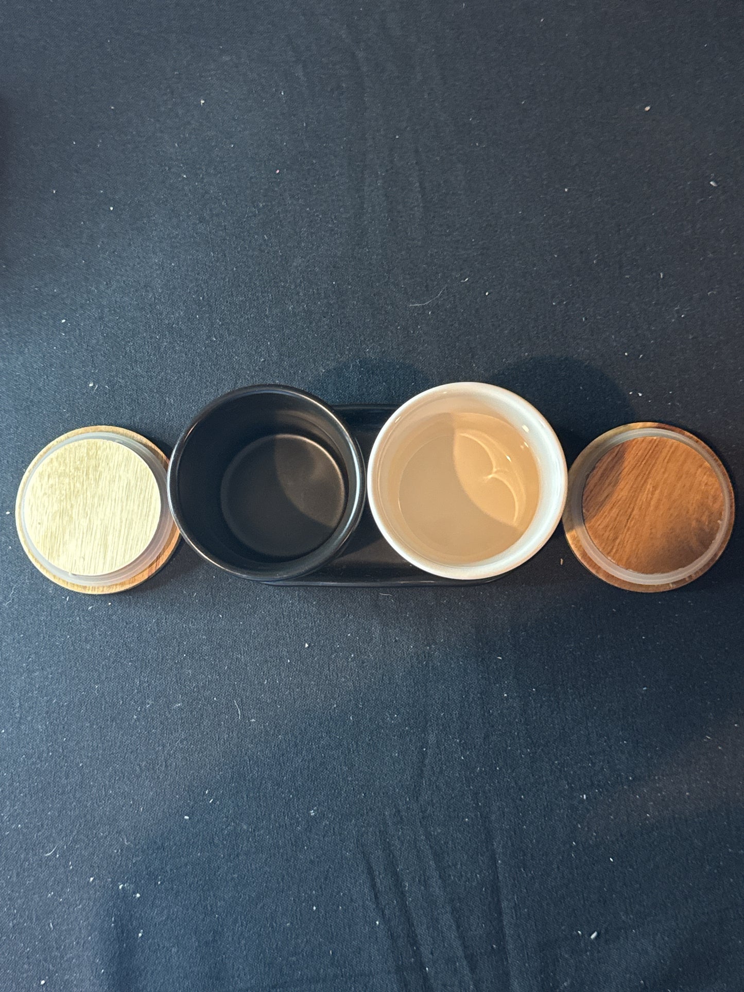 Rae Dunn Salt & Pepper Ceramic Black & White Set w/ Wood Lids and Ceramic Tray 4" Tall