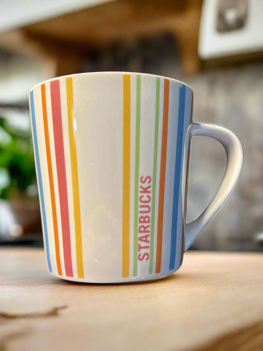 Starbucks 2005 Rainbow Coffee Mug Cup Multi-Colored Vertical Stripes 14oz 4" Tall