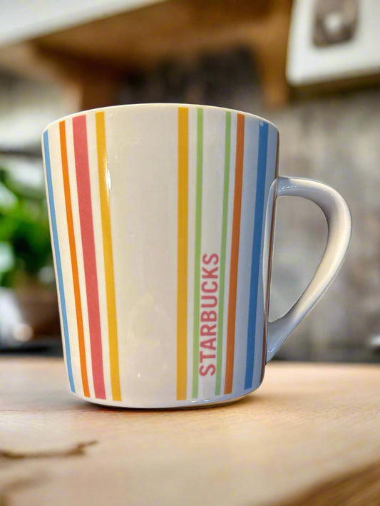 Starbucks 2005 Rainbow Coffee Mug Cup Multi-Colored Vertical Stripes 14oz 4" Tall