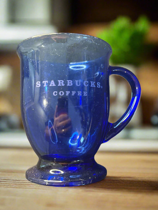 Starbucks Cobalt Blue Footed Coffee Cup Mug 16oz Anchor Hocking Block 5" Tall