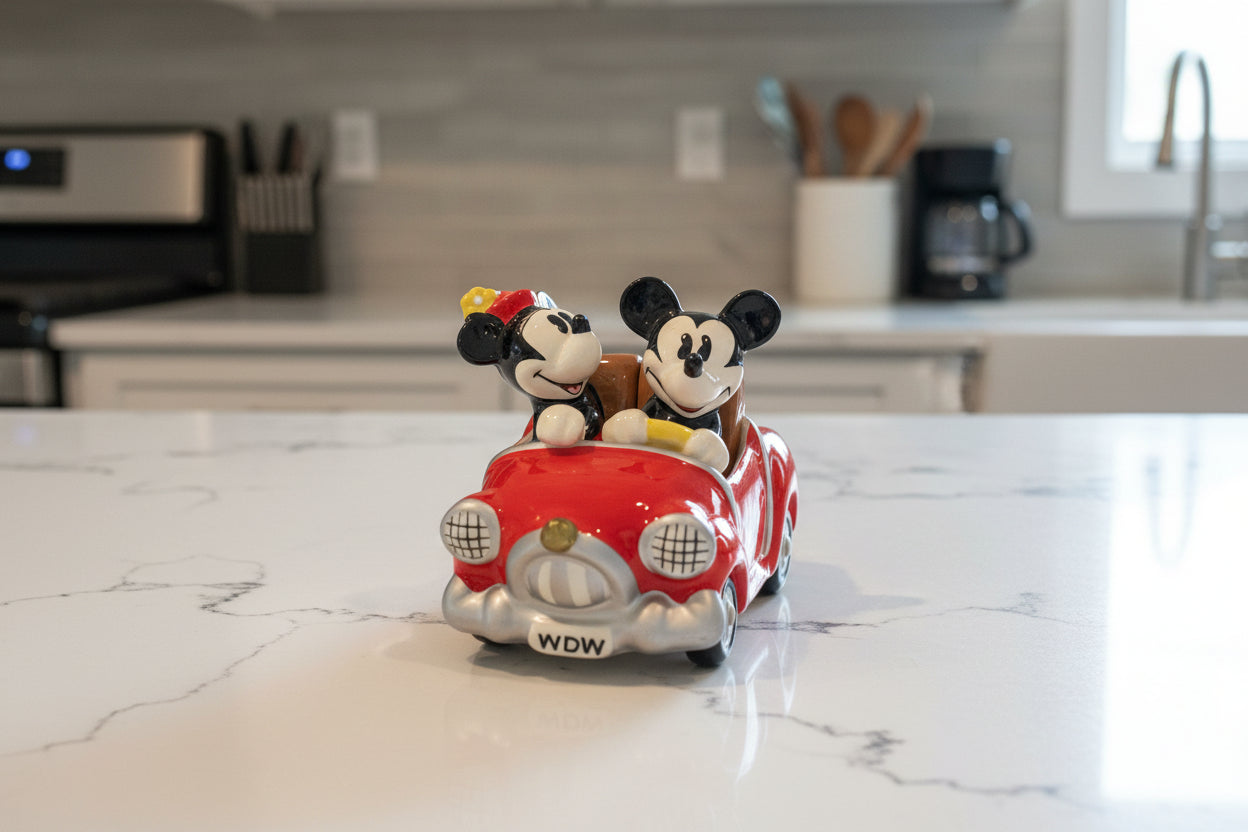 Disney Mickey & Minnie Mouse In A Car Salt & Pepper Shakers Magnetized New