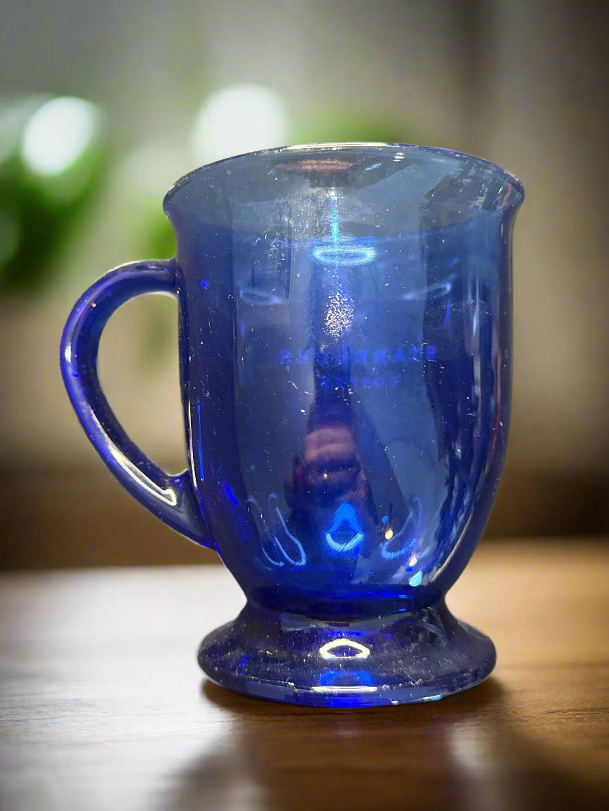 Starbucks Cobalt Blue Footed Coffee Cup Mug 16oz Anchor Hocking Block 5" Tall