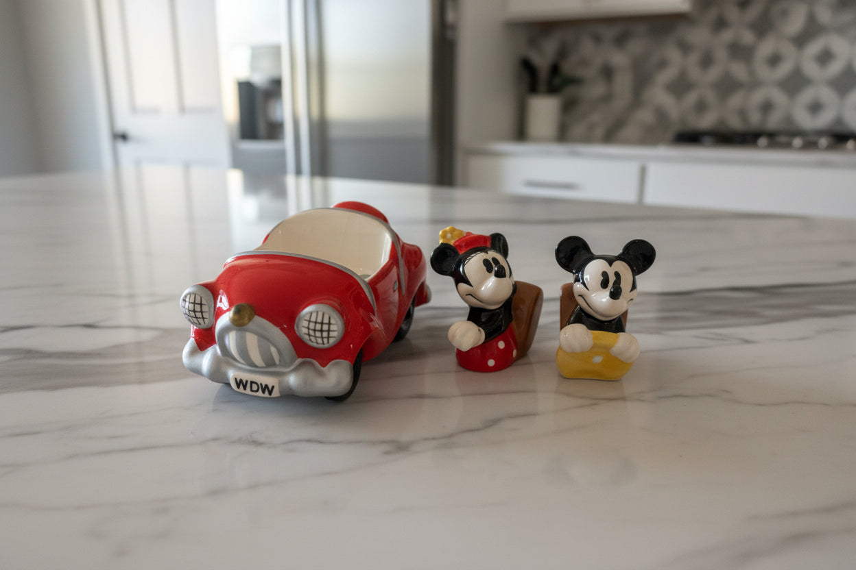 Disney Mickey & Minnie Mouse In A Car Salt & Pepper Shakers Magnetized New