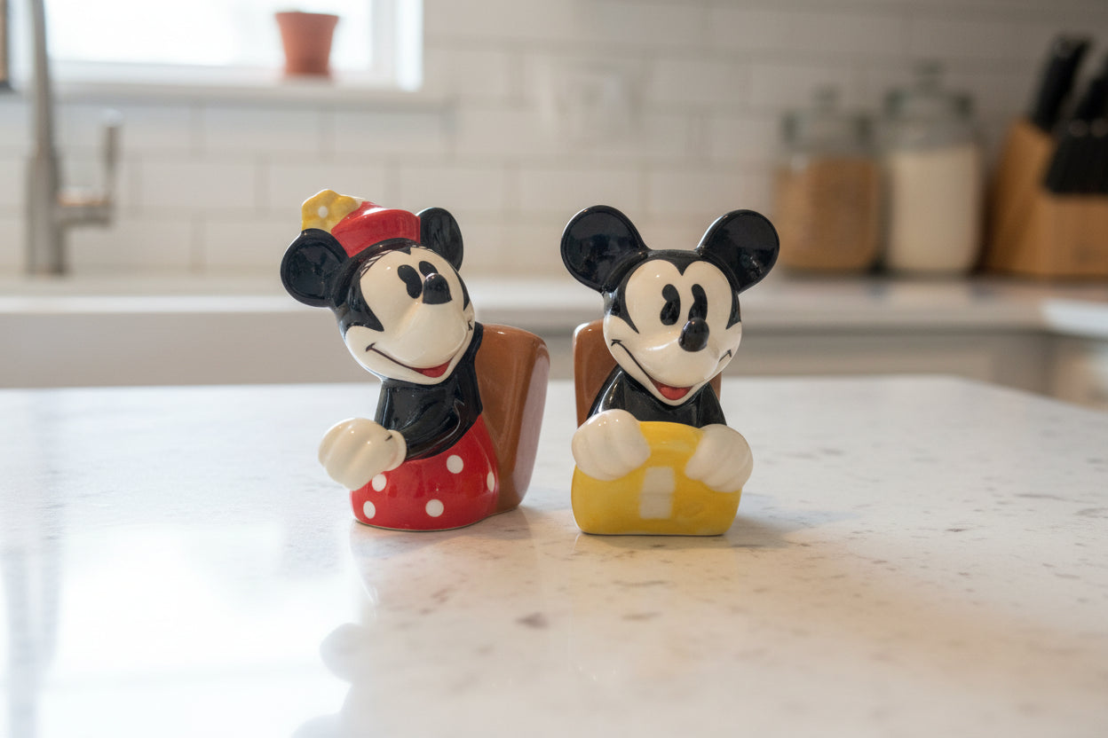 Disney Mickey & Minnie Mouse In A Car Salt & Pepper Shakers Magnetized New