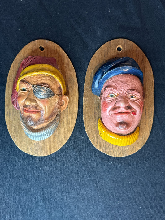 Vintage 1967 Chalkware Head Boatman and Smuggler on Wall Plaques 5.5"-6" Tall