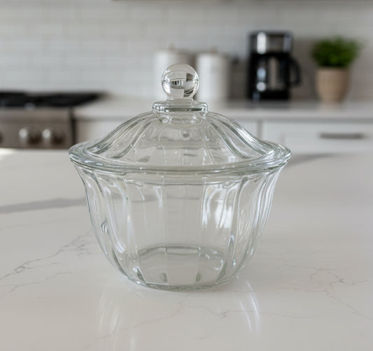 Clear Glass Candy Dish Ribbed Sides Ball Knob Lid Unknown Make 5.5" Tall